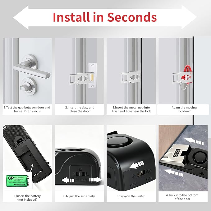 Portable Door Lock & Door Stop Alarm Set, Dual Protection Home Security Door Kit, Travel Hotel Lock Devices Pocket Self Defensey Tools for Traveling Hotel Home Apartment,Red