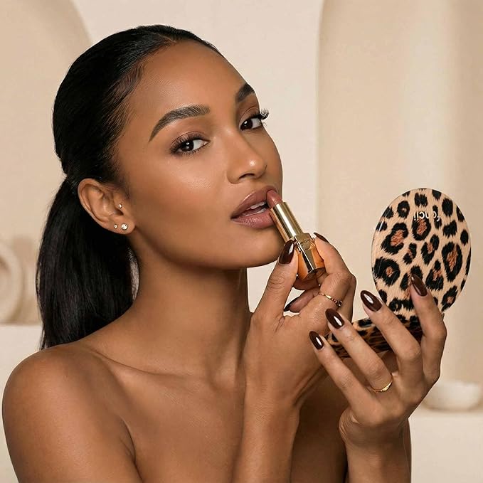 Fancii Mini Taylor Compact Magnifying Mirror with LED Light, 10x/1x, Rechargeable, 3 Light Settings, Dimmable-Small Lighted Travel Handheld Mirror for Pocket, Handbag, Purse, 2-Sided (Cheetah Chic)