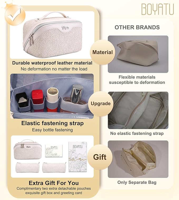 BOYATU Travel Makeup Bags Cosmetic Organizer Bag: 3 Pcs Set Large Capacity Make up Bag with Compartments - Waterproof Leather Toiletry Bags with Handle for Women (A-White)