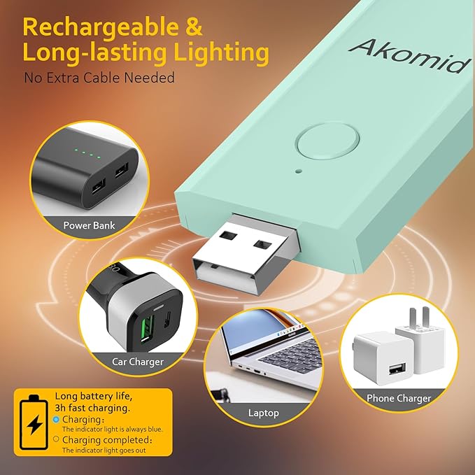 Akomid USB Rechargeable Book Light for Reading in Bed, 8 LEDs Bookmark Style Clip on, Eye-Cared Amber Light Mode for Kids, Blue Light Blocking, Stepless Dimming, Turquoise
