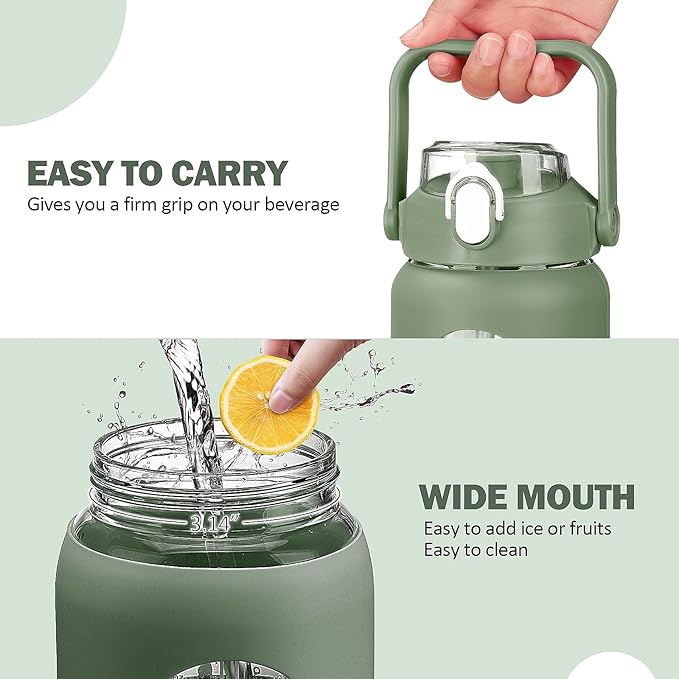 42oz Glass Water Bottles with Straw, Motivational Glass Bottle with Silicone Sleeve and Time Marker, Leakproof Large Glass Water Jug for Gym Home Office,Olive