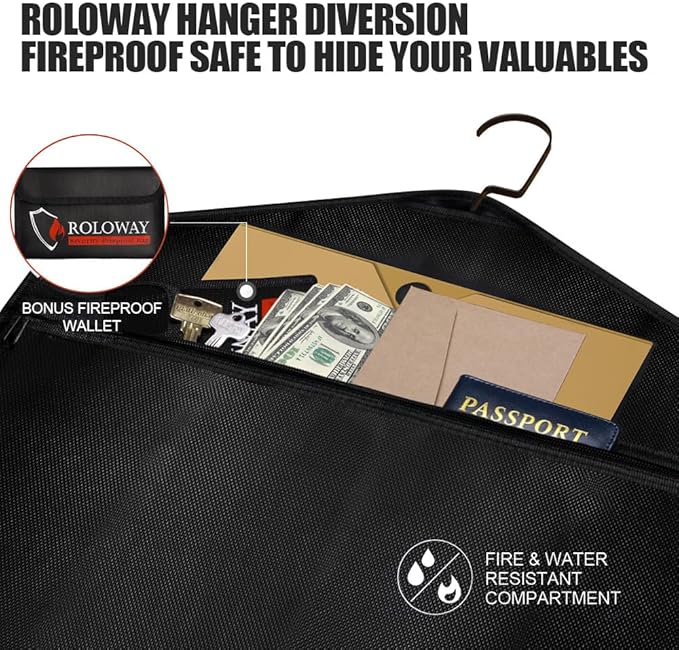 ROLOWAY Hanger Diversion Fireproof Safe, Hidden Compartment for Home & Travel, Secret Safe for Cash Hiding Under Clothes with Small Fireproof Bag