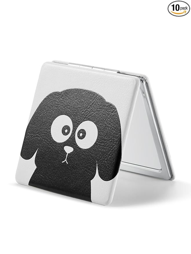 OMIRO 1X/3X Magnifying Mirror, Unique Painting Compact Mirror with Classical PU Leather (Black Dog)