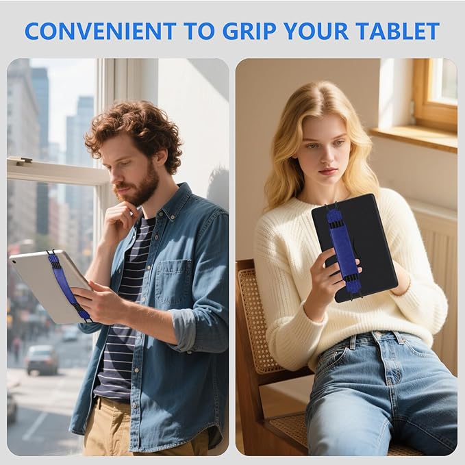 HoYiXi Soft Hand Strap for 9-11 Inch eReaders & Fire Tablet Compatible with Fire HD 10/iPad 9.7 /iPad mini/Galaxy Tab A8 A9/Huawei Lightweight Black High-Elasticity Finger Grip Holder,Blue
