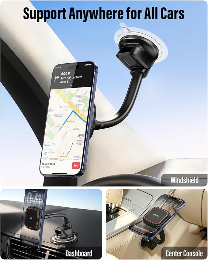 APPS2Car Upgraded for MagSafe Car Mount, Magnetic Car Phone Holder with 6.4'' Flexibile Gooseneck Arm, Suction Cup Holder for Windshield Window Dashboard, Fit for iPhones Smartphones