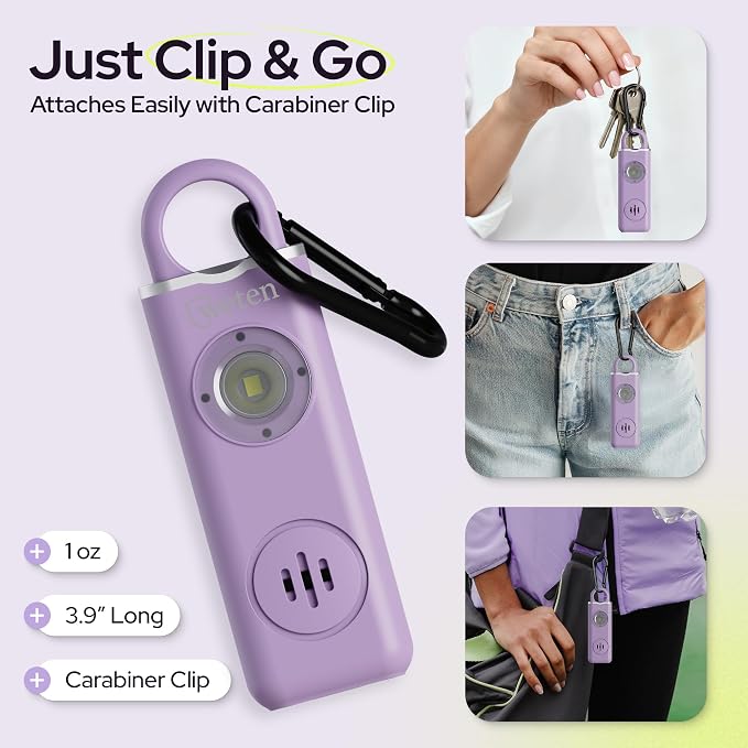 Personal Alarm for Women Safety - 130dB Loud Rechargeable Keychain Siren - LED Light, Carabiner Clip, Low Battery Alert, USB-C Charging TSA Safe Self Defense Alarm by Weten (Lavender)