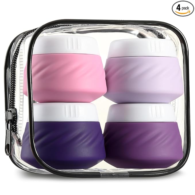 Gemice Travel Containers for Toiletries, Silicone Cream Jars TSA Approved Size with Clear Bag, Leak-proof Accessories Lid Cosmetic Face Body Hand (4 Pack), 30ml
