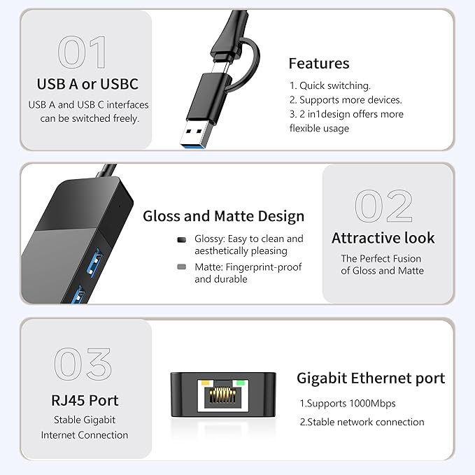 ALL-LUCKY USB to Ethernet Adapter, 4 in 1 USB C to Ethernet Adapter Hub with 3 x USB 3.0 Port/Gigabit Internet Port, High-Speed Network Hub Compatible for iMac,MacBook Pro