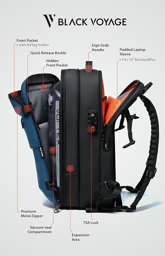 BlackVoyage Vortex Vacuum Seal Travel Backpack 60L Expandable Air Compression System Water Resistant TSA Lock Carry-On