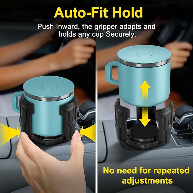 Cup Holder Expander (Adjustable Holder & Base, Auto-Fit Hold, One Button Open), Car Cup Holder Expander for Yeti, Hydro Flask, Nalgene, Owala, Bottles in 2.6"- 4.8" (Black, 2 Pack)