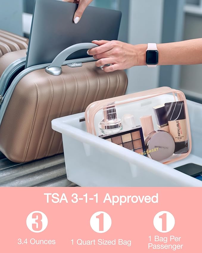 BAGSMART Clear Toiletry Bag, 2 Pack TSA Approved Travel Toiletry Bag Carry on Travel Accessories Bag Airport Airline Quart Size Bags Water Repellent Makeup Cosmetic Bag for Women (Nude Pink-2pcs)
