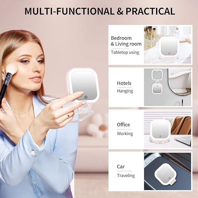 FUNTOUCH Rechargeable Travel Makeup Mirror 30X Magnification, 4.5" Lighted Portable Vanity Mirror with 3 Colors Lighting & Stepless Dimming, Double Sided LED Mirror, Gift for Women (Pink)