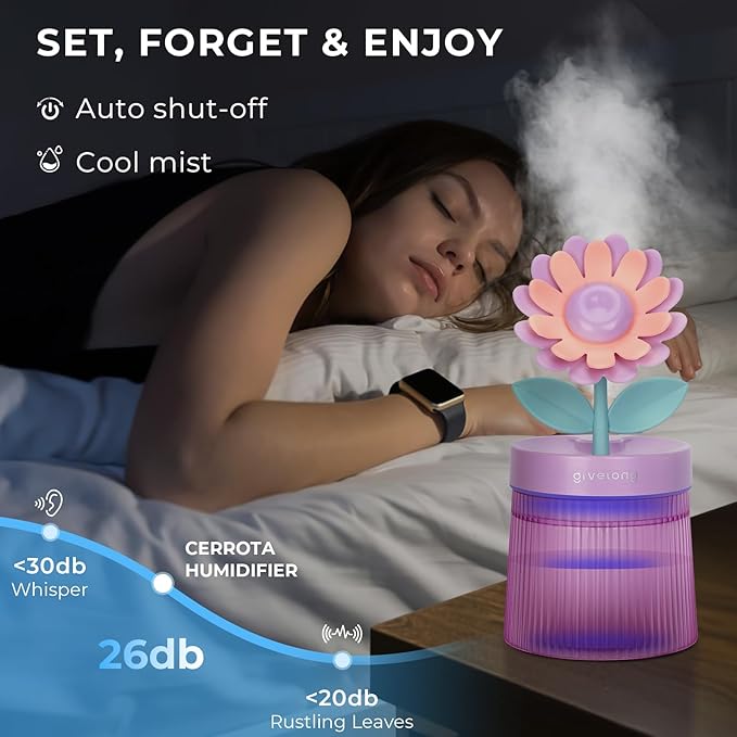 260ml Flower Mini Humidifier, Purple Sunflower Desktop Small Humidifiers, Personal Cool Mist Humidification, USB Desk Humidifier for Bedroom, Office, Travel & Indoor Plants