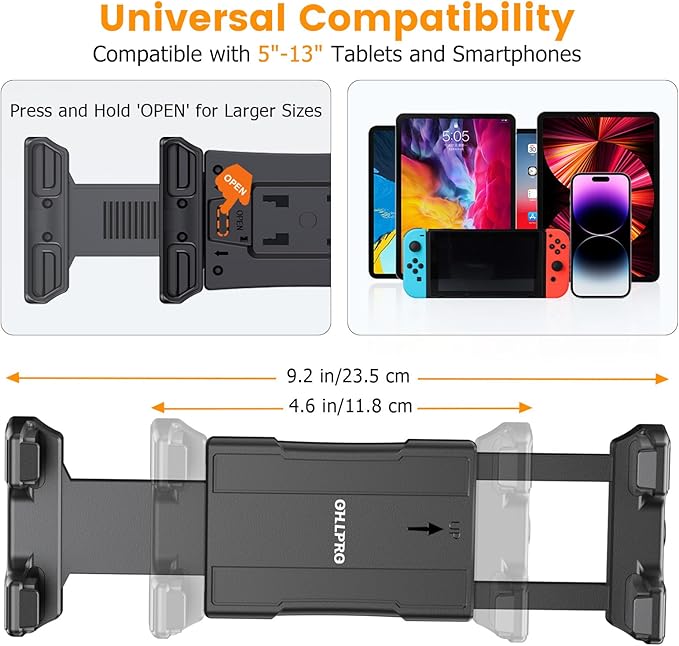 OHLPRO for iPad Wall Mount Tablet Holder, Adjustable Drilled Base with 2" Support Arm Stand for 5-13" iPad mini Pro Air, Fire HD, Galaxy Tab, Switch and Phone - 360° Viewing, Adjustable Tilt
