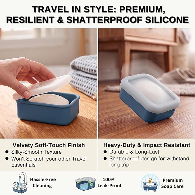 HighHerz Compact Leak Proof Silicone Travel Soap Case with Draining Tray - Portable Bar Soap Container - 2026 Upgrade Travel Essentials for Camping, Gym & Shower (Clear Blue)