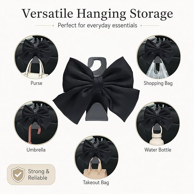 2 Pack Car Purse Hooks, Cute Bow Car Seat Headrest Hook Hanger for Purses and Bags, Space-Saving Car Accessory (Black silk)
