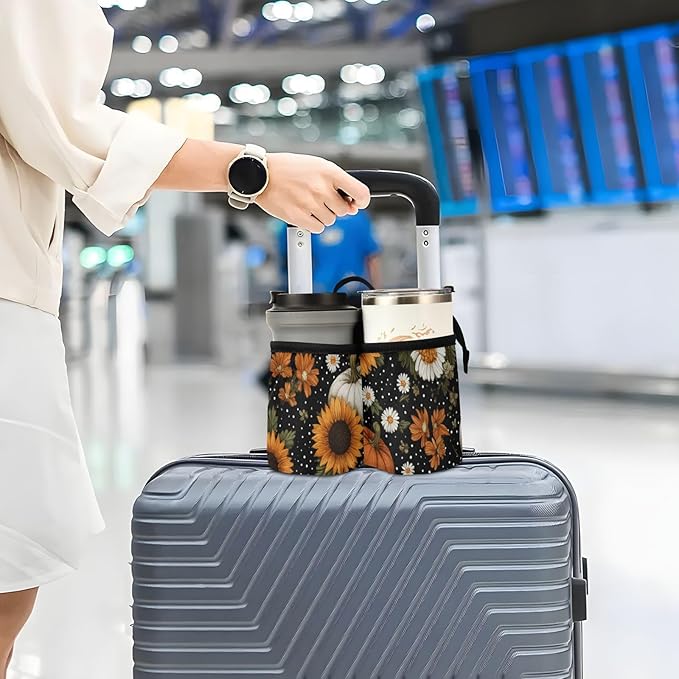 Luggage Cup Holder for Suitcases Free Hands Suitcase Cup Holder Travel Luggage Drink Holder Portable Luggage Cup Caddy Bag Carrier with Handle Black Dotty Pumpkins Sunflowers Daisy