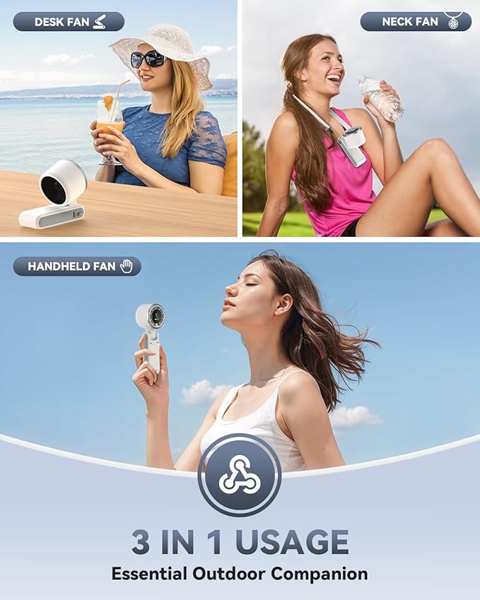 PlayHot Portable Handheld Turbo Fan, 5 Gear Wind, USB-C Rechargeable Fan, Up to 12 Working Hours, 3 IN 1 Hand Fans with Air Turbo Tech Cooling Fan for Outdoor Activities, Travel, Beach (White)