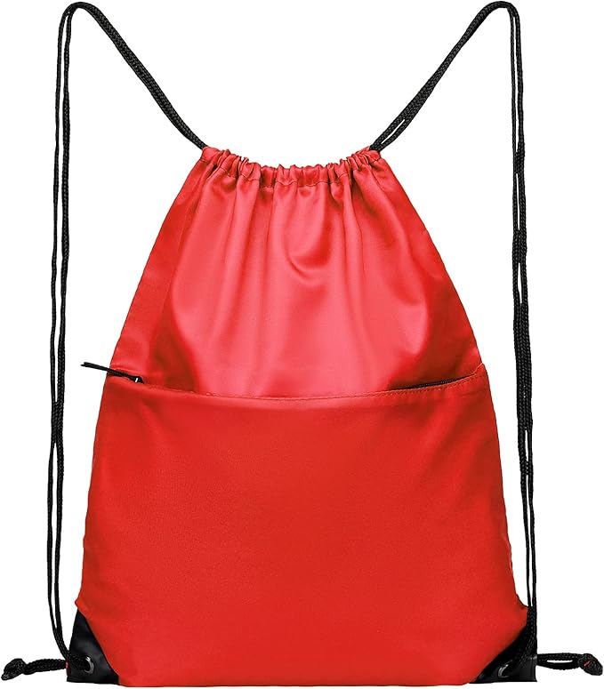 Drawstring Backpack Sports Water Resistant String Bag Sport Gym Sackpack for Women Men Large with Zipper, Red