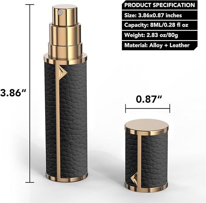 8ML Travel Perfume Refillable Atomizer, Mini Genuine Leather Cologne Sprayer, Protable Pocket Size Empty Fragrance Spray Bottle (Black)