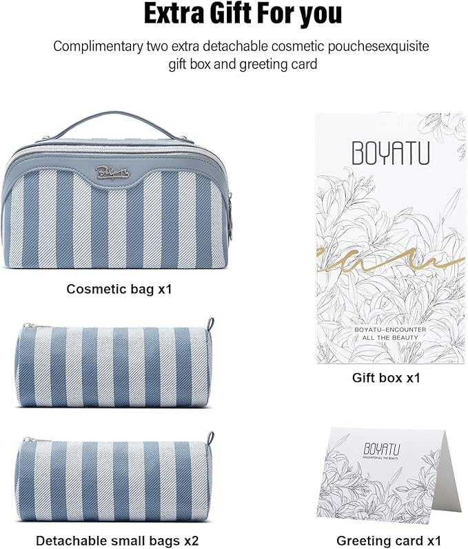 BOYATU Travel Makeup Bag Cosmetic Bag for Women: 3 Pcs Set Striped Make up Bag with Compartments - Waterproof Vegan Leather Toiletry Bags with Handle - Makeup Organizer for Travel Essentials(A-1-Blue)