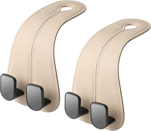 2 Pack Car Headrest Hooks for Purses and Bags Cute Leather Car Seat Back Head Rest Double Hooks for Bags Cute Pink Beige Car Accessories Headrest Back Seat Handbags Hook (Beige 2 Pack)