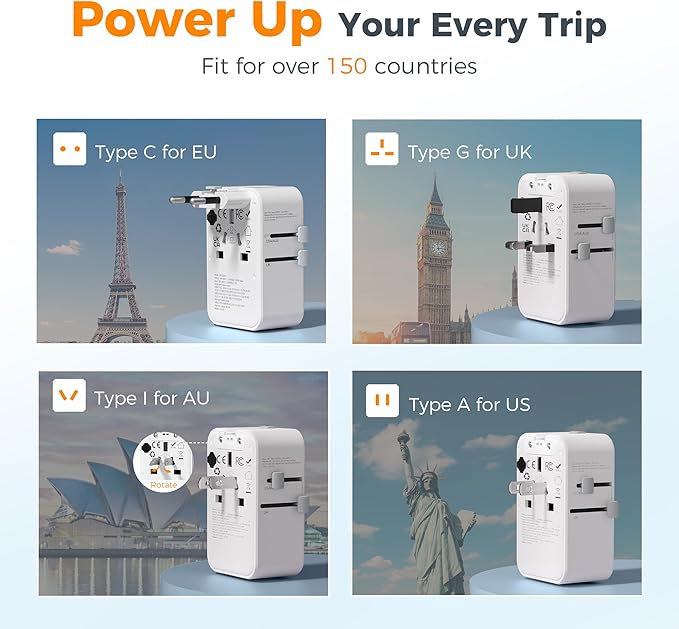TESSAN Universal Travel Adapter PD 25W, International Power Adapter, Ultral Thin Universal Adapter with 2 USB A 2 USB C for US to European UK Australia Ireland(Type C G A I) White