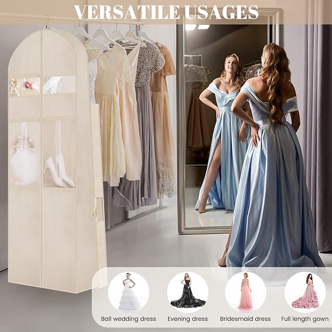 Wedding Dress Garment Bag,72’ Tri-Fold Bridal Gown Bag with 6 Pouches and Adjustable Buckle Gown Cover for Wedding/Prom/Travel/Closet Storage (Beige)