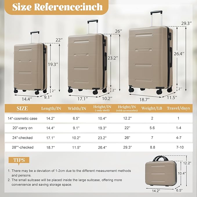 6 Pcs ABS Hardshell Luggage Set Spinner Wheel Suitcase Suitcase Khaki