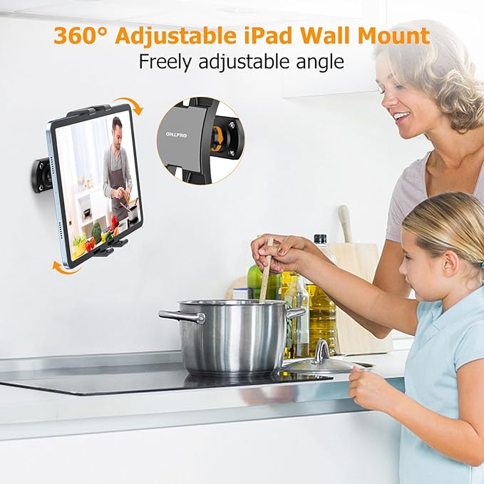 OHLPRO Tablet Wall Mount Holder, 360° Rotating iPad Wall Mount Holder with Drill Screw Base,Compatible with 4.7"-12.9" Devices Including iPad Pro, Mini, Air, Samsung, Kindle, Galaxy Tab