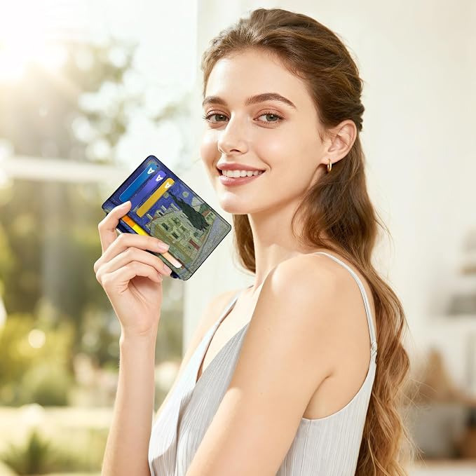Tipmile Credit Card Holder for Women Slim Minimalist Front Pocket RFID Blocking Wallet Small Compact Card Case with ID Window, Oil Painting