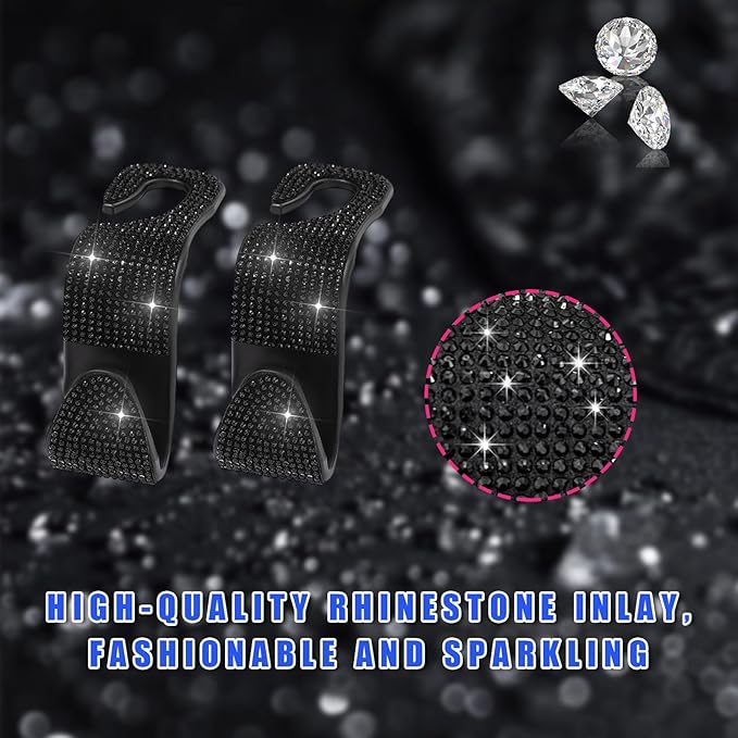Ohleats 4 PCS Bling Car Seat Headrest Hooks, Crystal Rhinestone Back Seat Hanging Storage Organizer, Vehicle Seat Hanger Holder for Purse Handbag Coat, Interior Car Accessories (Black)