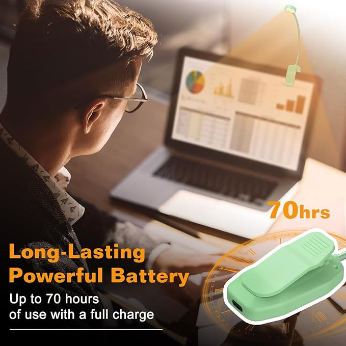 KTEBO Rechargeable Clip-On Book Light, 10-LED Bed Reading Lamp with 3 Color & 3 Brightness, USB-C, Up to 30-Hour Runtime, 360 Degree Gooseneck, Ultralight 1.4oz, Great Stocking Stuffers, Black & Green