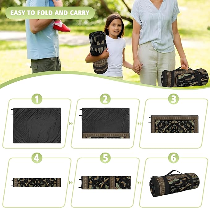 Insect Picnic Blankets Waterproof Foldable, 60″X80″ Packable Picnic Mat Vintage Outdoor Blanket for Grass, Large Beach Blanket Sandproof Picnic Accessories for Camping Music Festival Park Lawn Travel