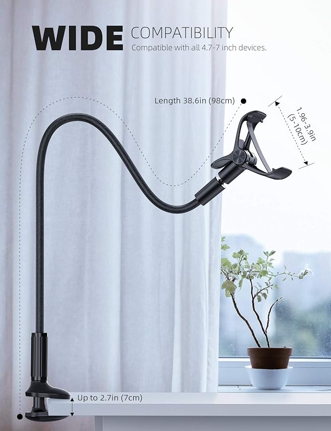 Lamicall Gooseneck Phone Holder for Bed - Overall Length 38.6in, Flexible Leather Wrapped Arm, 360 Adjustable Clamp Clip, Overhead Cell Phone Mount Stand for Desk, Compatible with All Cellphone (4-7”)
