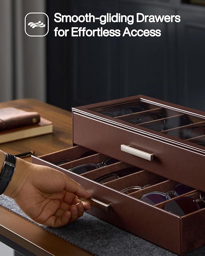 ProCase Sunglasses Organizer Box with Clear Glass Lid, PU Leather Eyeglass Storage Display Case for Men and Women