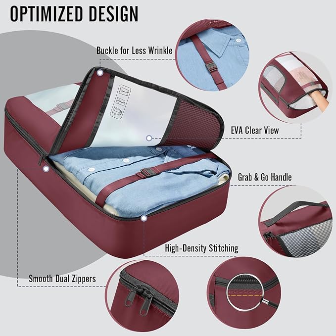 Veken 8 Set Packing Cubes for Travel Essentials,Anti-Wrinkle Buckled Suitcase Organizer for Shoe & Toiletry Bag,Carry On Luggage Bag for Airplane & College Dorm Room Accessories,Women Men Gifts,Wine
