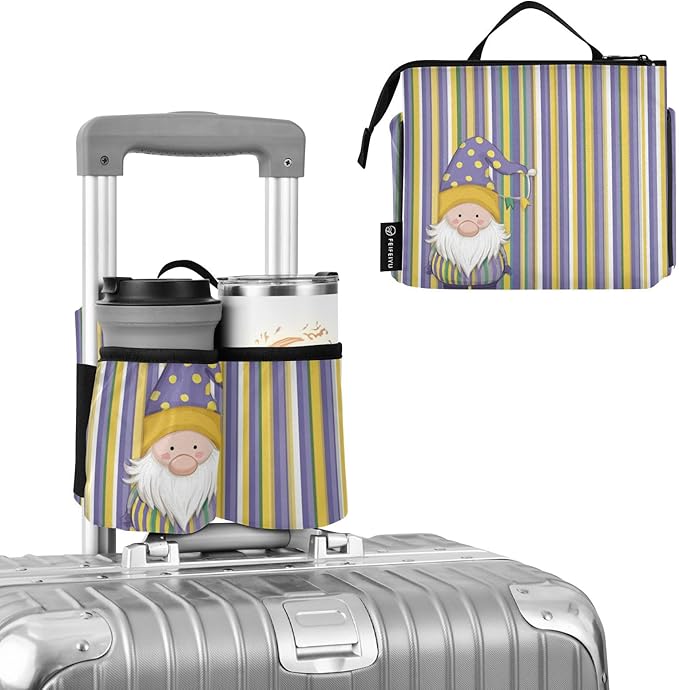 Luggage Cup Holder for Suitcases Free Hands Suitcase Cup Holder Travel Luggage Drink Holder Portable Luggage Cup Caddy Bag Carrier with Handle Stripe Mardi Gras Gnome
