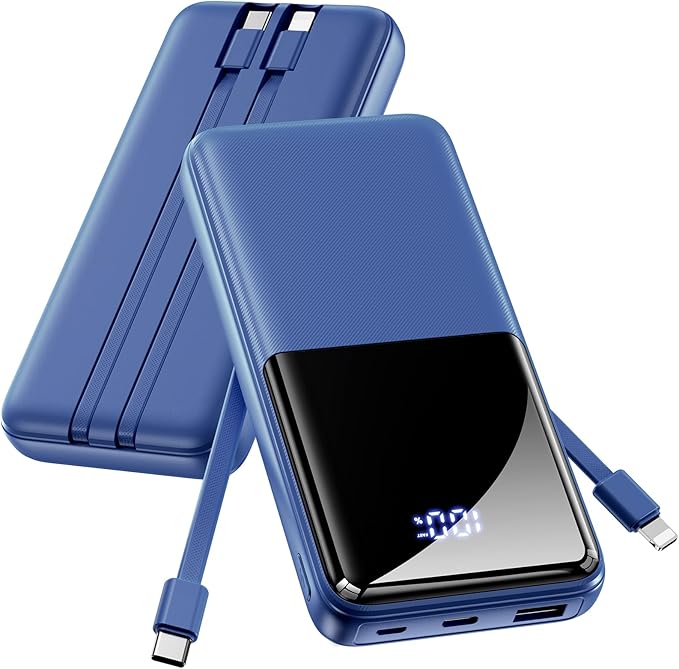Portable Charger Power Bank - 20000mAh Battery Pack 22.5W Fast Charging Built-in Cable, Portable Phone Charger for iPhone All Models Samsung Android, Airline Friendly Travel Essentials, 1 Pack, Cobalt