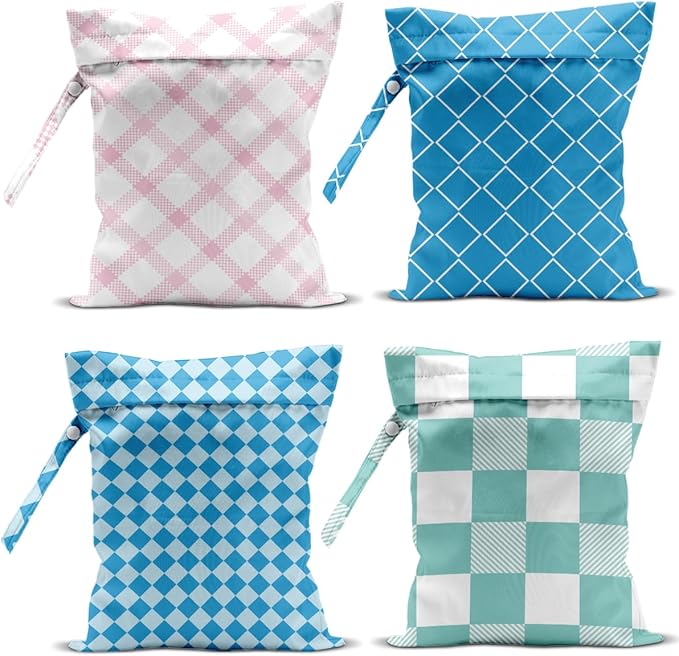 Wet Bag, 4Pcs Wet Dry Bag Set, Reusable Waterproof Bags with Plaid Patterns for Women, Designed for Beach, Pool, Leisure Travel & Daily Essentials Organizing