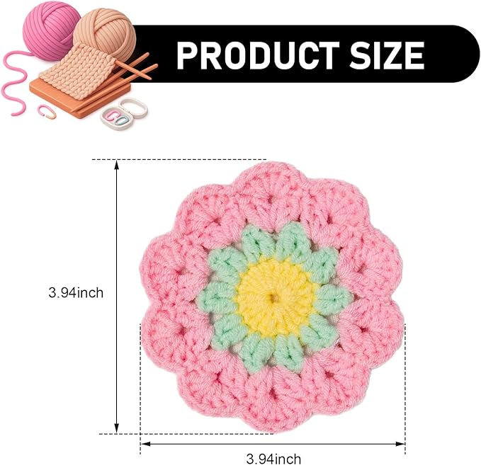 2 PCS Car Flower Coasters, Handmade Crochet Cotton Floral Insert Pad, Non-Slip Absorbent Insulated Placemat, Universal Boho Cute Decor Interior Accessory for Women Girls (Pink)