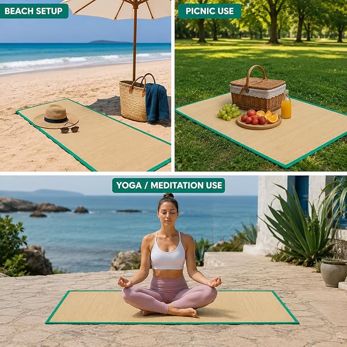 Set of 2 Natural Straw Beach Mats 24" x 72" - Multi-Purpose, Portable & Eco-Friendly - Perfect for Yoga, Picnics, Camping Festivals & Outdoor Activities