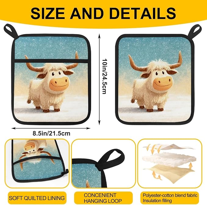Smiling White Highland Calf Pot Holders with Pockets 2 PCS, Heat Resistant Oven Mitts Hot Pads for Kitchen Baking Cooking, Square Thick Pot Holders Kitchen Hot Potholders, 8.5x10 Inches