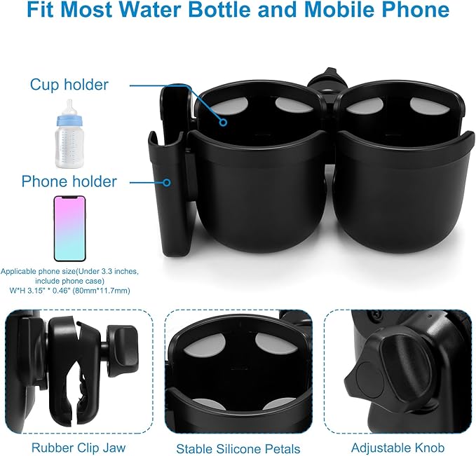 Accmor Stroller Cup Holder with Phone Holder, Bike Cup Holder, Universal Cup Holder for Uppababy Nuna Doona Strollers, 2-in-1 Cup Holder for Walker, Wheelchair, Scooter