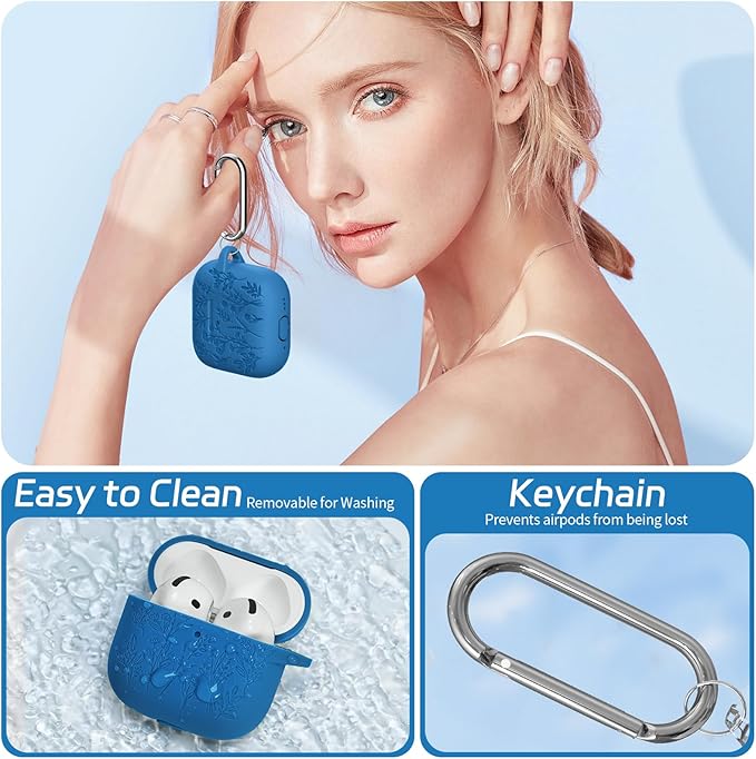 for Airpods 4 Case, Ekoonpft Flower Engraved Cases for Apple AirPods 4th Generation 2024, Soft Silicone Cover for Women Girly with 3-in-1 Cleaner Kit, Keychain, Military Grade Protection