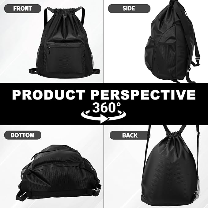 Tygelluis Drawstring Backpack, Waterproof Gym Bag with Water Bottle Pocket for Women Men, Pull String Sport Bag for Swim, Soccer and Basketball,Black