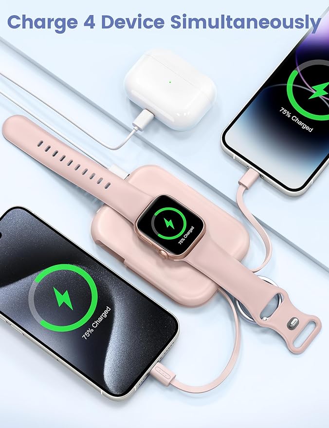 RORRY CharmGo Portable Charger, 5000mAh Portable Charger Power Bank with Built-in Cables, Travel Keychain Battery Pack for Apple Watch and iPhone Air/17/16/15/14/13/12, Pink