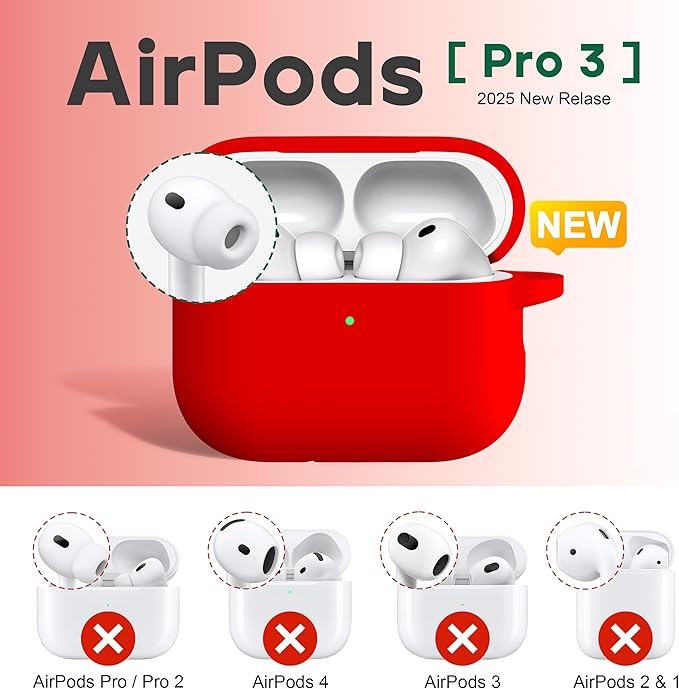R-fun for AirPods Pro 3 Case (2025), Soft Silicone Protective Case Cover Compatible with Apple AirPods Pro 3rd Generation (USB-C Cable) for Women Men with Cleaning Kit and Keychain, Red