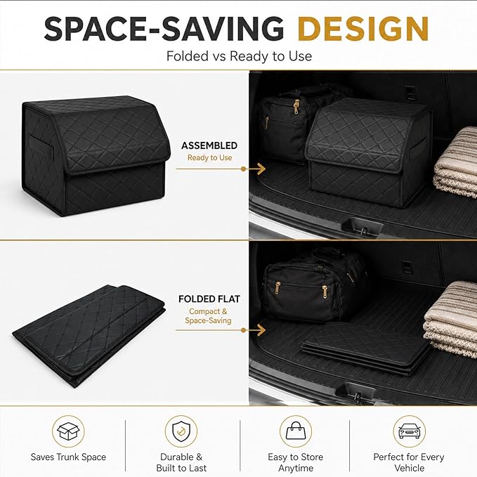 2Pack Leather Trunk Organizer for SUV & Sedans - Extra Large Foldable Car Storage Box with Lid, Adjustable Removable Dividers and Carry Handle, Collapsible Auto Cargo Organizer Black