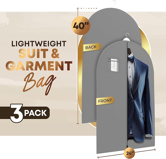 Your Bags Travel Garment Bag – Durable Zippered Single Suit Bag for Storage – Water-Resistant Clothes Cover - Hanging Garment Bags for Travel with ID Pocket – 40" x 24" - Grey (Pack of 3)